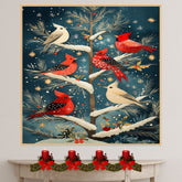 Retro Style Painting of Red and Cream Cardinals in a Snowy Tree with Golden Ornaments and Holly Accents Perfect for Christmas Decor or Winter Bird Lovers on Ready to Hang 1.5" Thick Canvas Wrap, Floating Framed Canvas, Flat Rolled Canvas